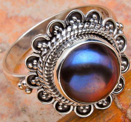 18mm NATURAL PEARL SOLID 925 SILVER RING-sz8.5